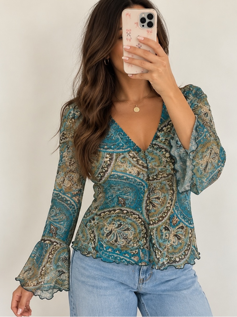 Y2K Teal Paisley Mesh Bell Sleeve Top | Size Large